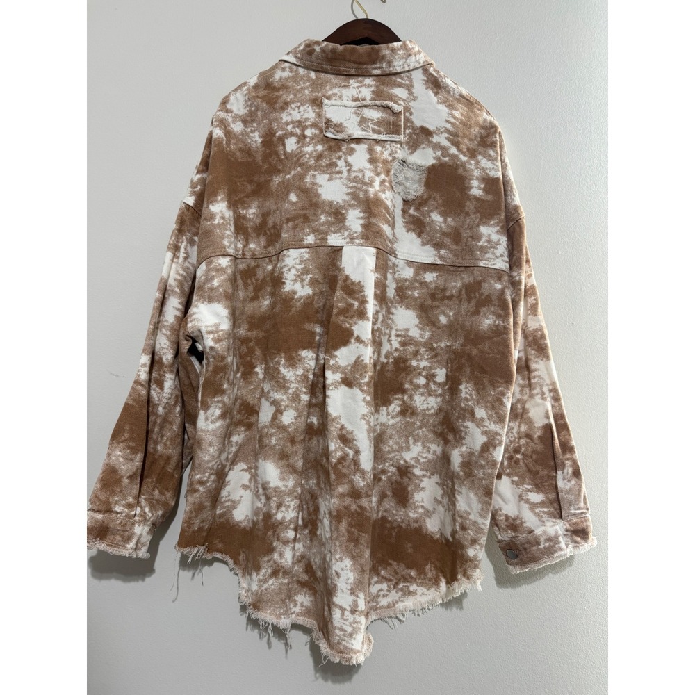 POL Womens Brown Tie Dye Distressed Denim Shacket Oversized Shirt Jacket Large - Picture 8 of 13